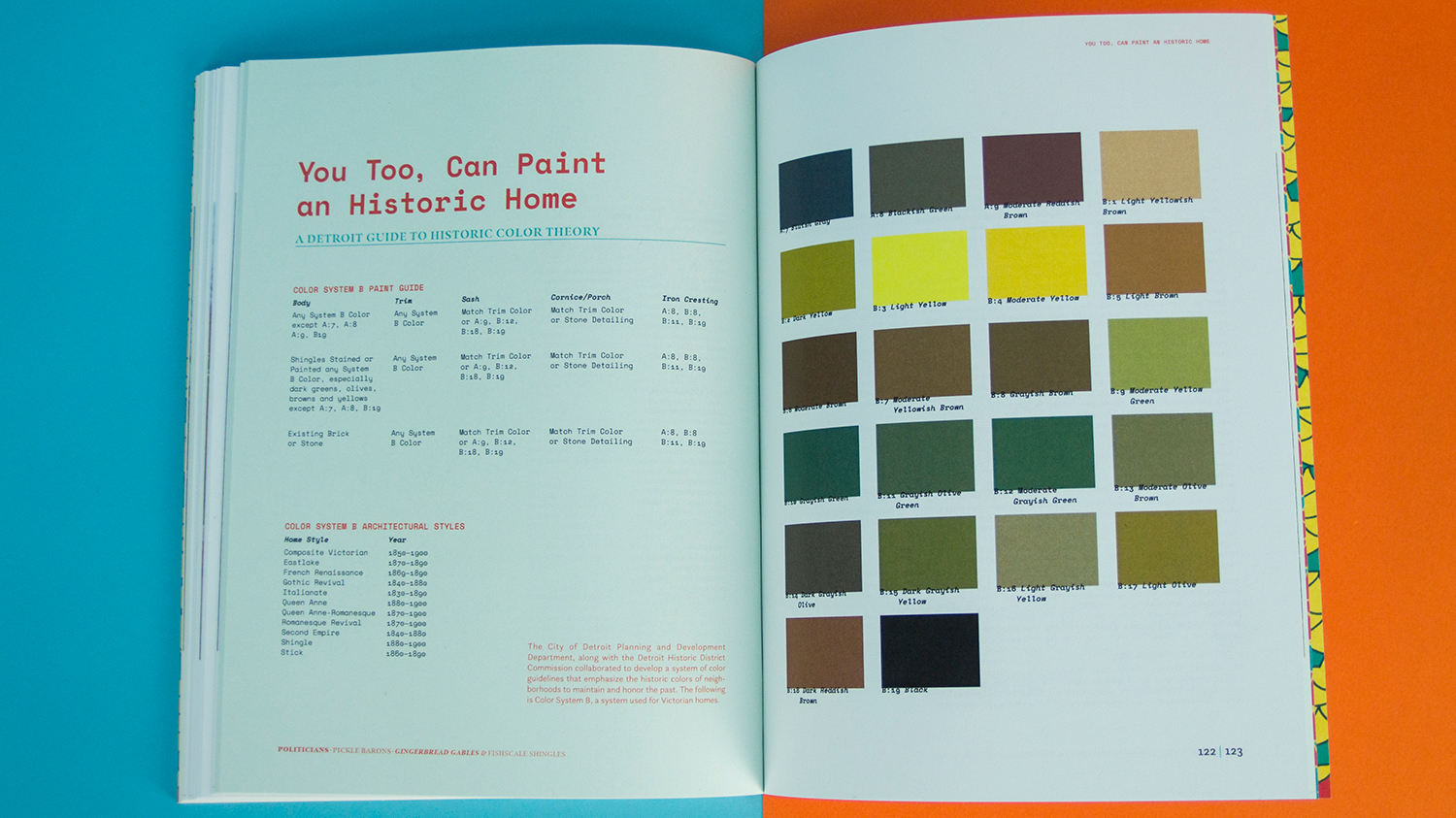 Two page spread of historic paint color grid