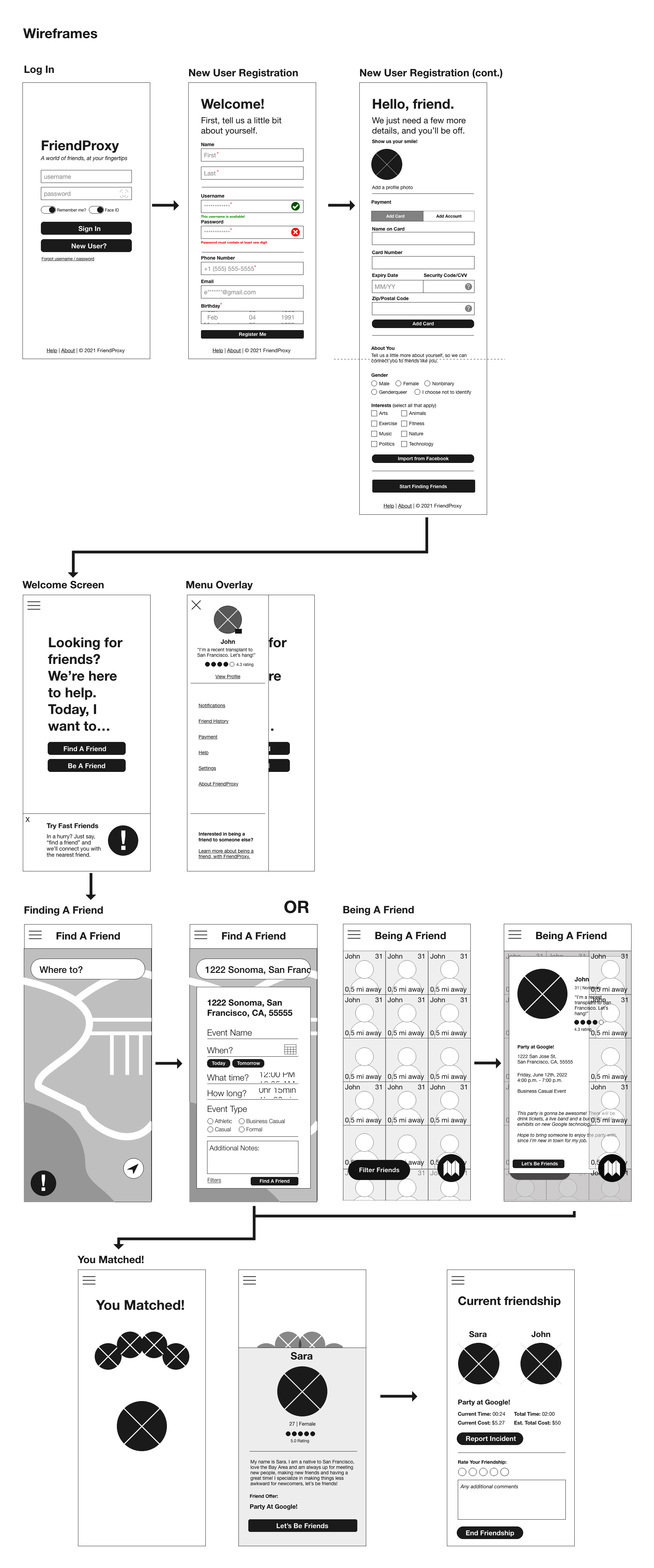 High fidelity wireframes of key app flow
