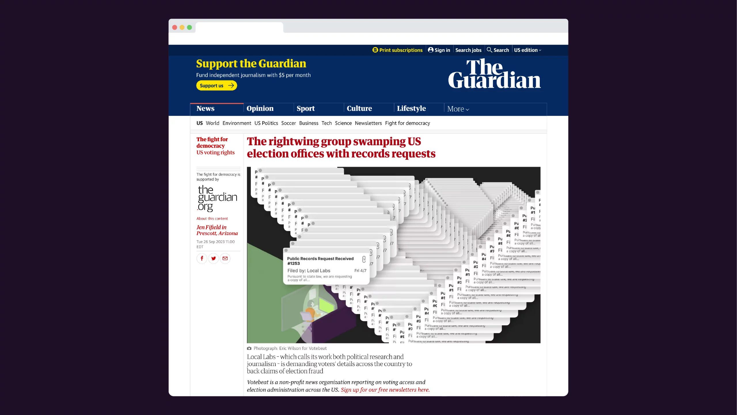 Screenshot of The Guardian article on FOIA Requests with illustration hero.