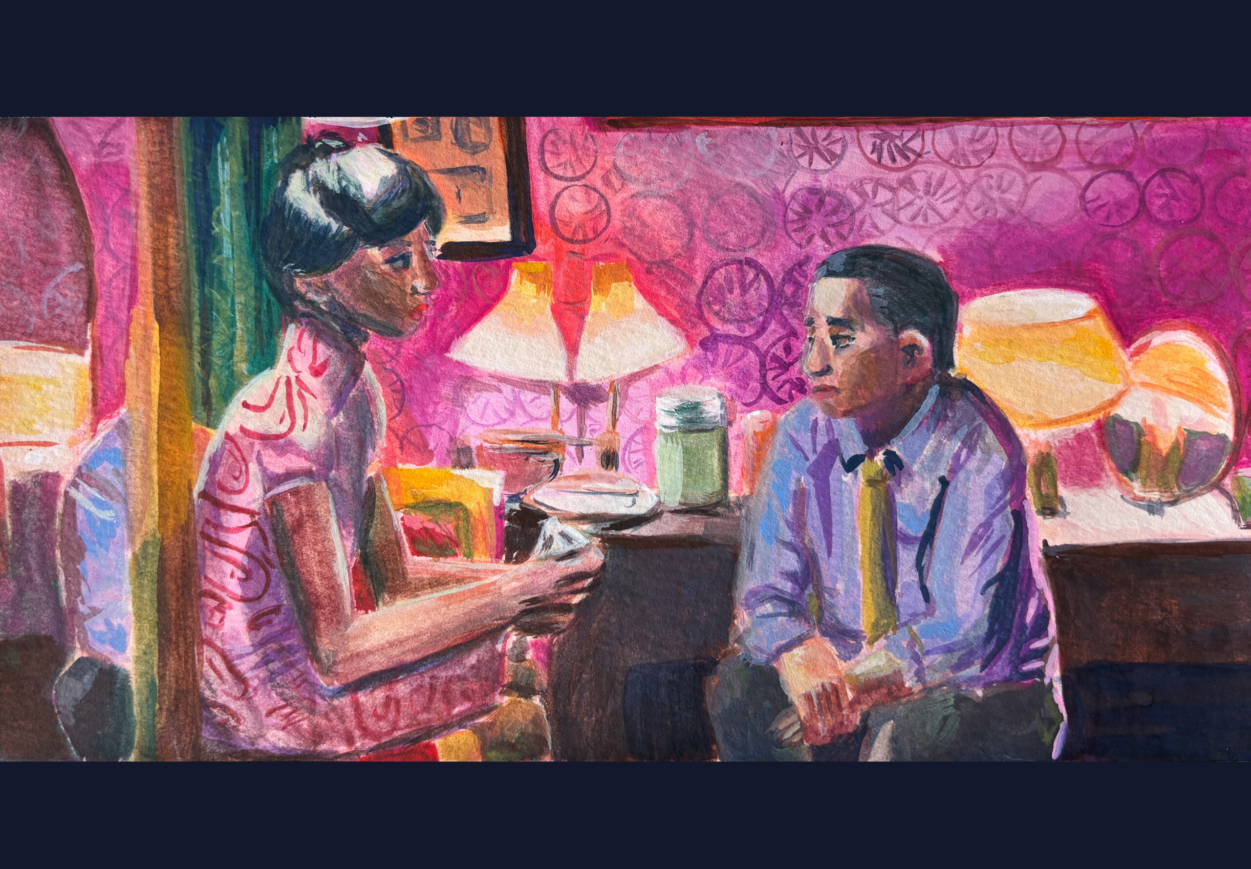 A film still painted in gouache from In The Mood for Love